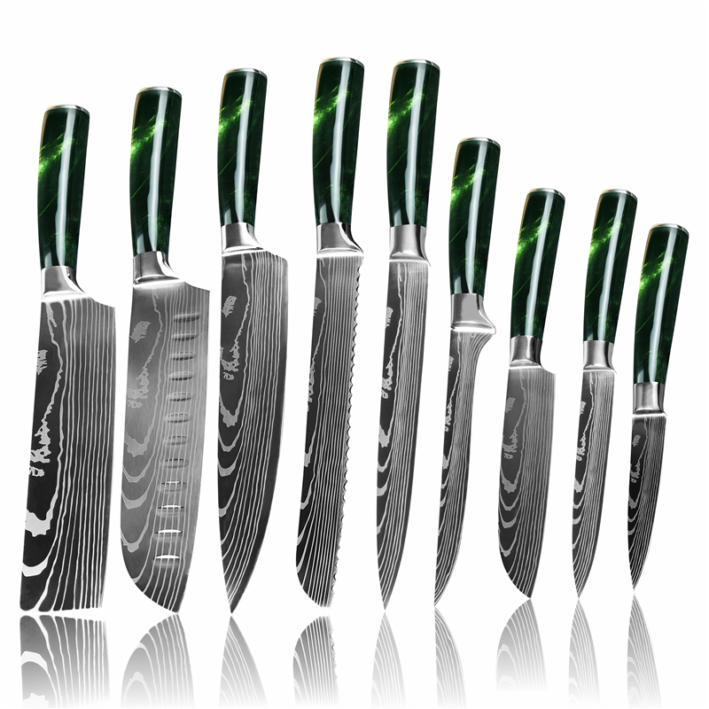 Complete Green Handle Set Knives 9 pcs Di'Casteel